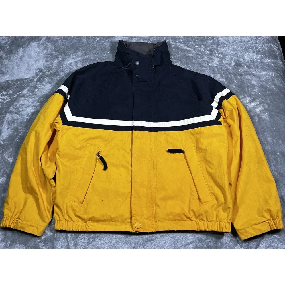 Nautica Jacket Men Size Medium Yellow Blue Reversible Windbreaker Hooded Zip VTG